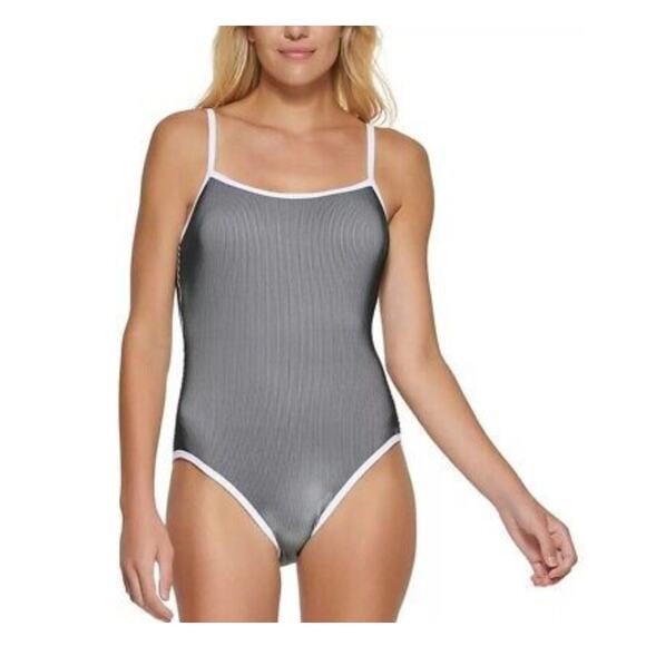 Calvin Klein BLACK / WHITE Ribbed Straight-Neck One-Piece Swimsuit 18 NWT - Picture 1 of 5